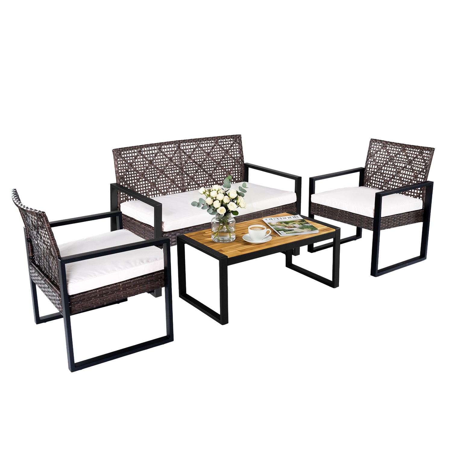 4-Piece Patio Set with Acacia Coffee Table and Wicker Chairs for Backyard-Brown & Black Patio Conversation Sets at Gallery Canada
