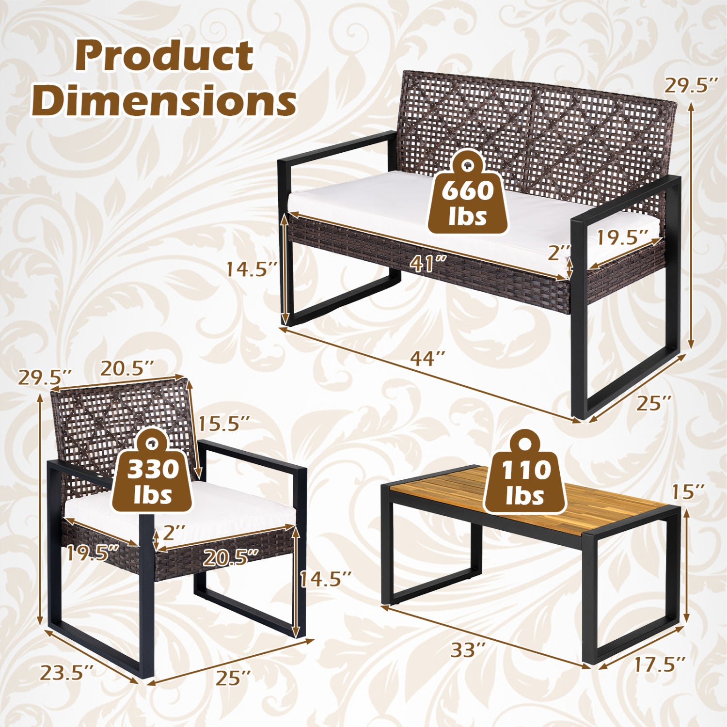 4-Piece Patio Set with Acacia Coffee Table and Wicker Chairs for Backyard-Brown & Black Patio Conversation Sets at Gallery Canada