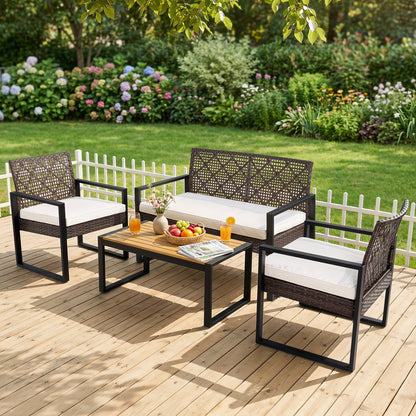 4-Piece Patio Set with Acacia Coffee Table and Wicker Chairs for Backyard-Brown & Black Patio Conversation Sets at Gallery Canada
