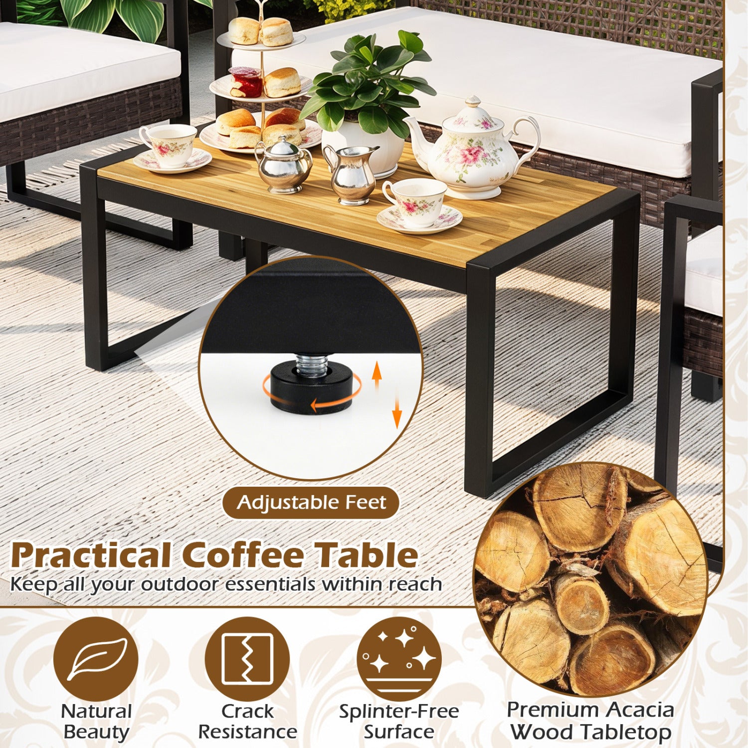 4-Piece Patio Set with Acacia Coffee Table and Wicker Chairs for Backyard-Brown & Black Patio Conversation Sets at Gallery Canada
