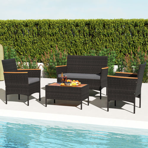 4 Piece Patio Wicker Sofa Set, 2 Rattan Chairs, Loveseat With Table, Grey