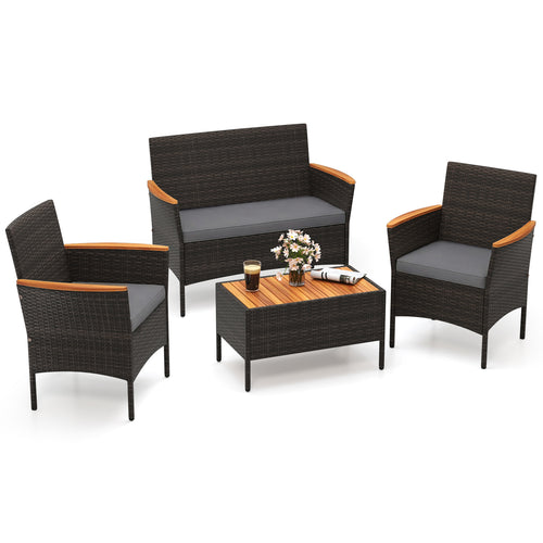 4 Piece Patio Wicker Sofa Set, 2 Rattan Chairs, Loveseat With Table, Grey