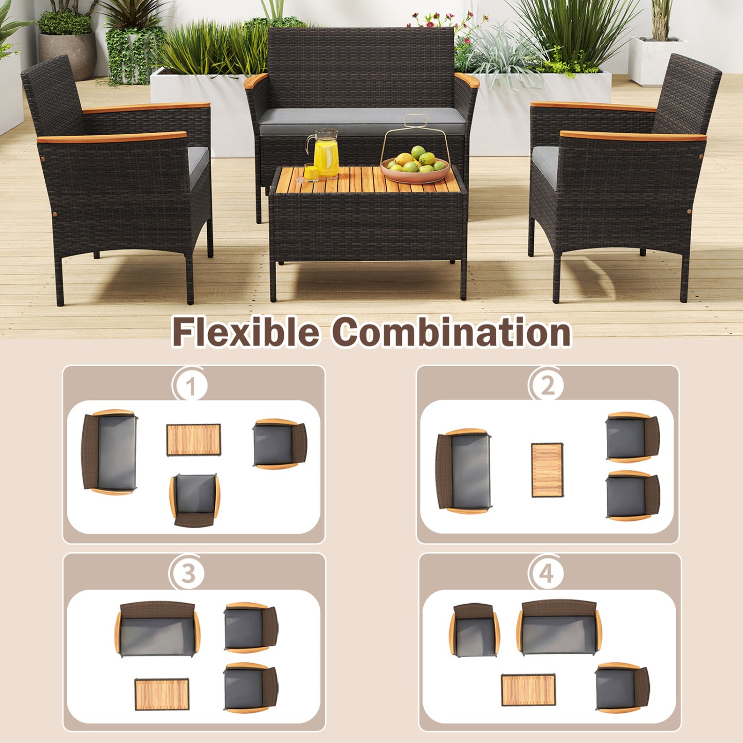 4 Piece Patio Wicker Sofa Set, 2 Rattan Chairs, Loveseat With Table, Grey Patio Conversation Sets at Gallery Canada