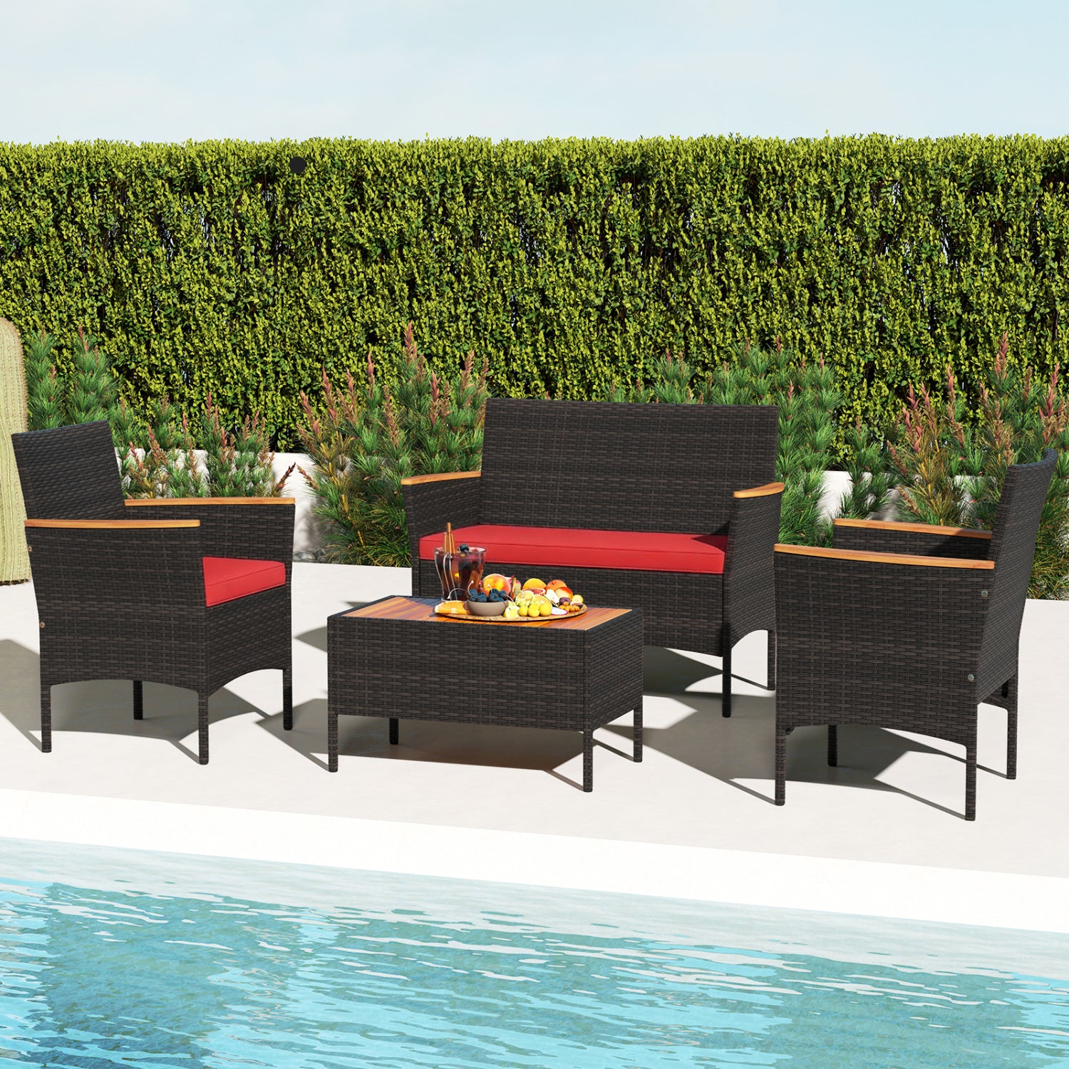 4 Piece Patio Wicker Sofa Set, 2 Rattan Chairs, Loveseat With Table, Red Patio Conversation Sets at Gallery Canada