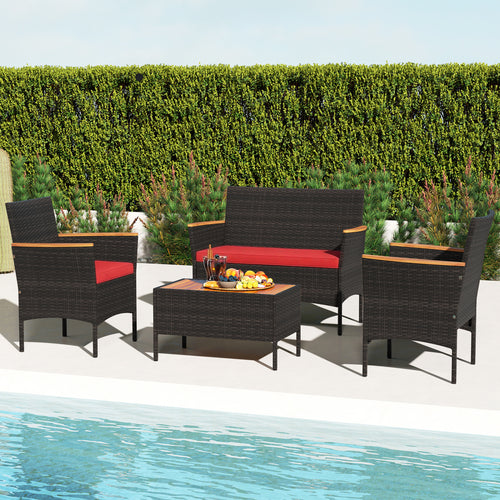4 Piece Patio Wicker Sofa Set, 2 Rattan Chairs, Loveseat With Table, Red