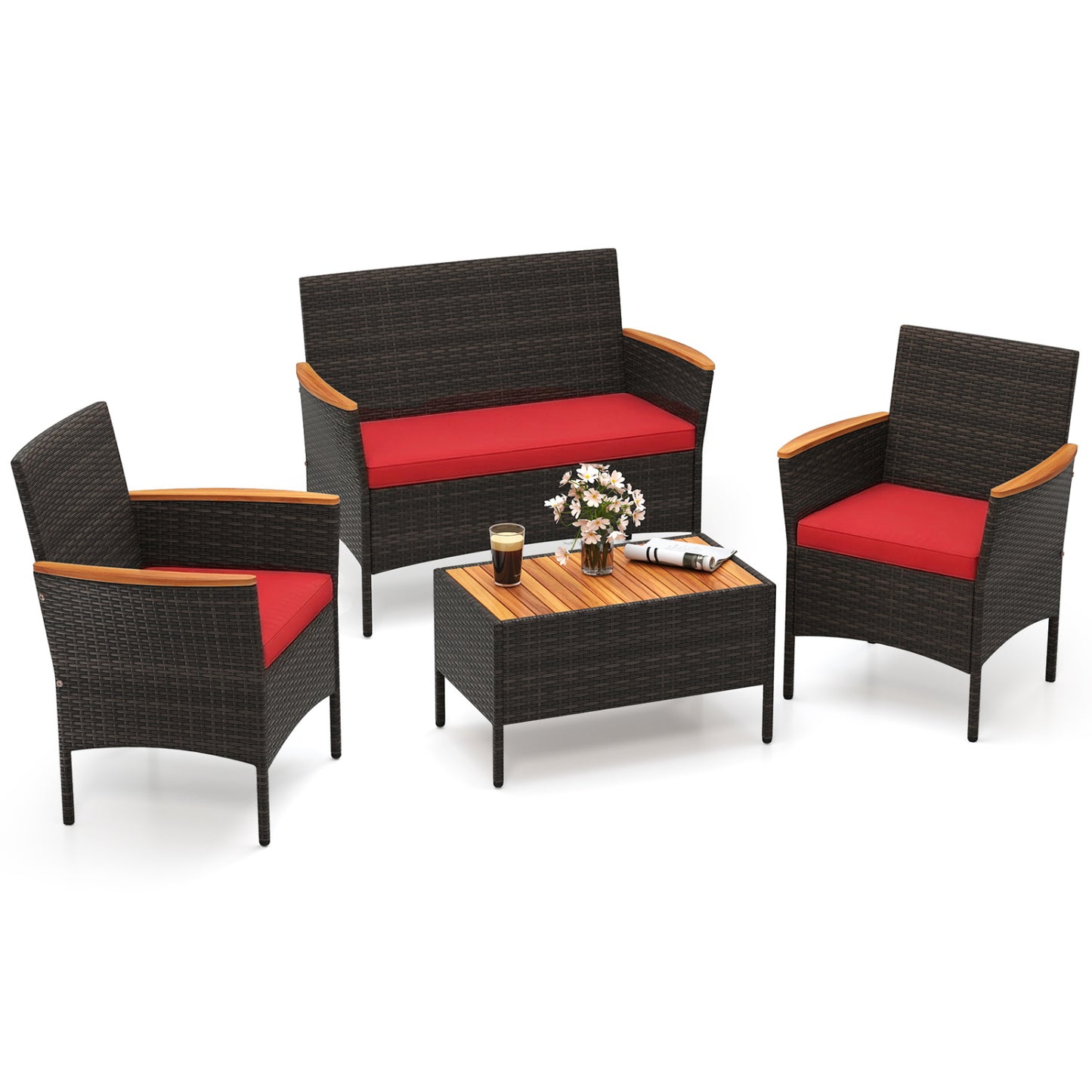 4 Piece Patio Wicker Sofa Set, 2 Rattan Chairs, Loveseat With Table, Red Patio Conversation Sets Red at Gallery Canada
