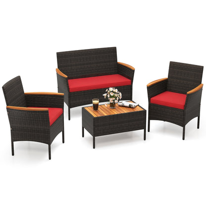 4 Piece Patio Wicker Sofa Set, 2 Rattan Chairs, Loveseat With Table, Red Patio Conversation Sets Red at Gallery Canada