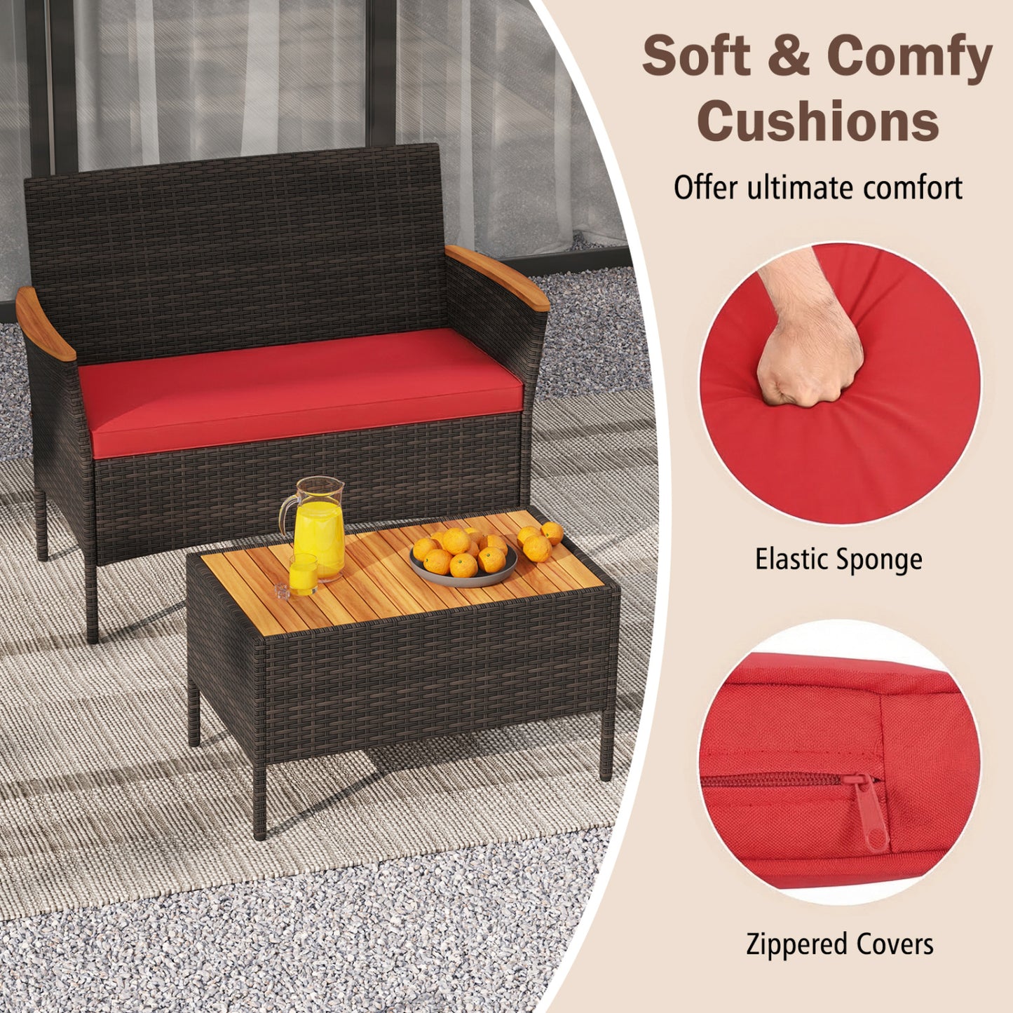 4 Piece Patio Wicker Sofa Set, 2 Rattan Chairs, Loveseat With Table, Red Patio Conversation Sets at Gallery Canada