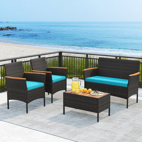 4-Piece Patio Wicker Sofa Set, Rattan Chairs, Loveseat, Table, Turquoise