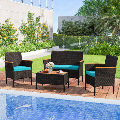 4-Piece Patio Wicker Sofa Set, Rattan Chairs, Loveseat, Table, Turquoise