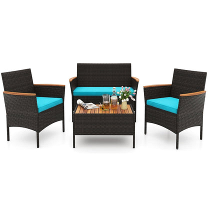4-Piece Patio Wicker Sofa Set, Rattan Chairs, Loveseat, Table, Turquoise