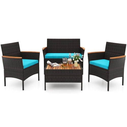 4-Piece Patio Wicker Sofa Set, Rattan Chairs, Loveseat, Table, Turquoise