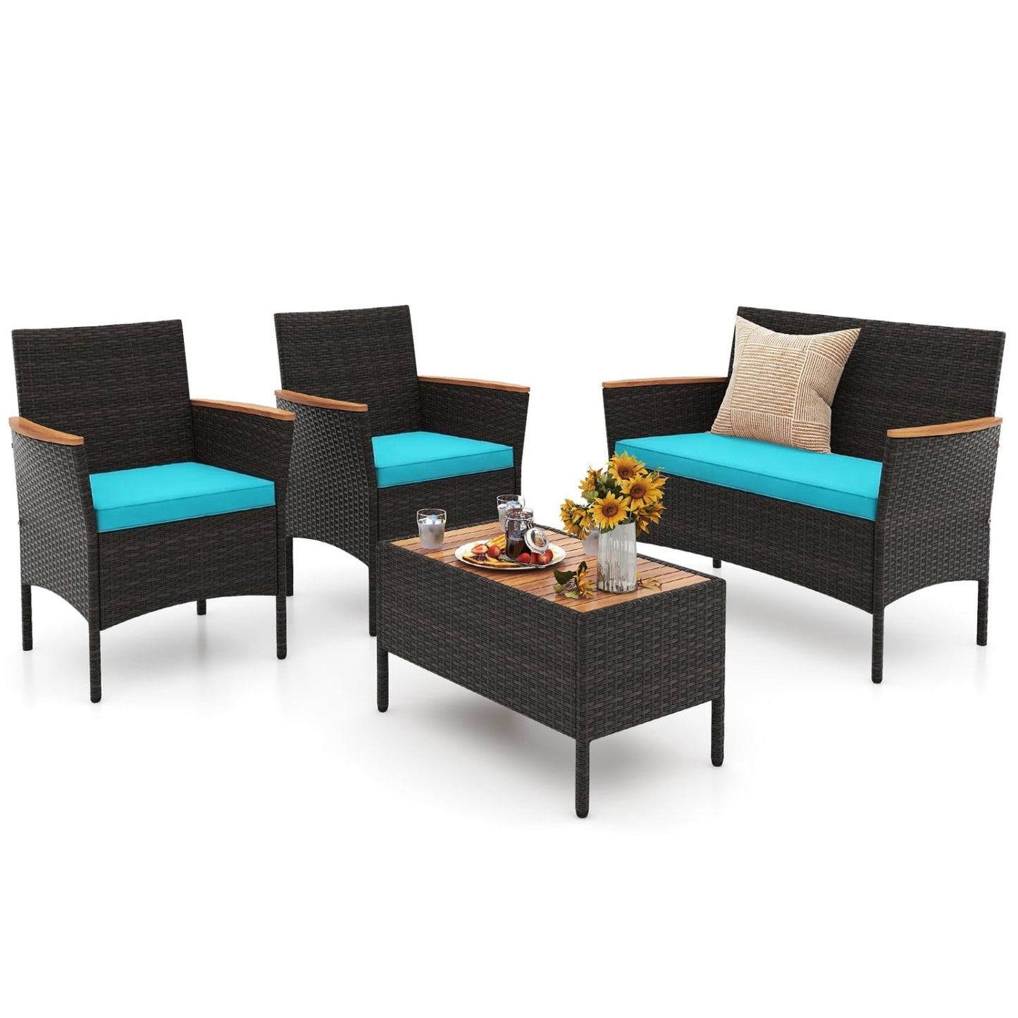 4-Piece Patio Wicker Sofa Set, Rattan Chairs, Loveseat, Table, Turquoise