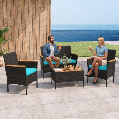 4-Piece Patio Wicker Sofa Set, Rattan Chairs, Loveseat, Table, Turquoise