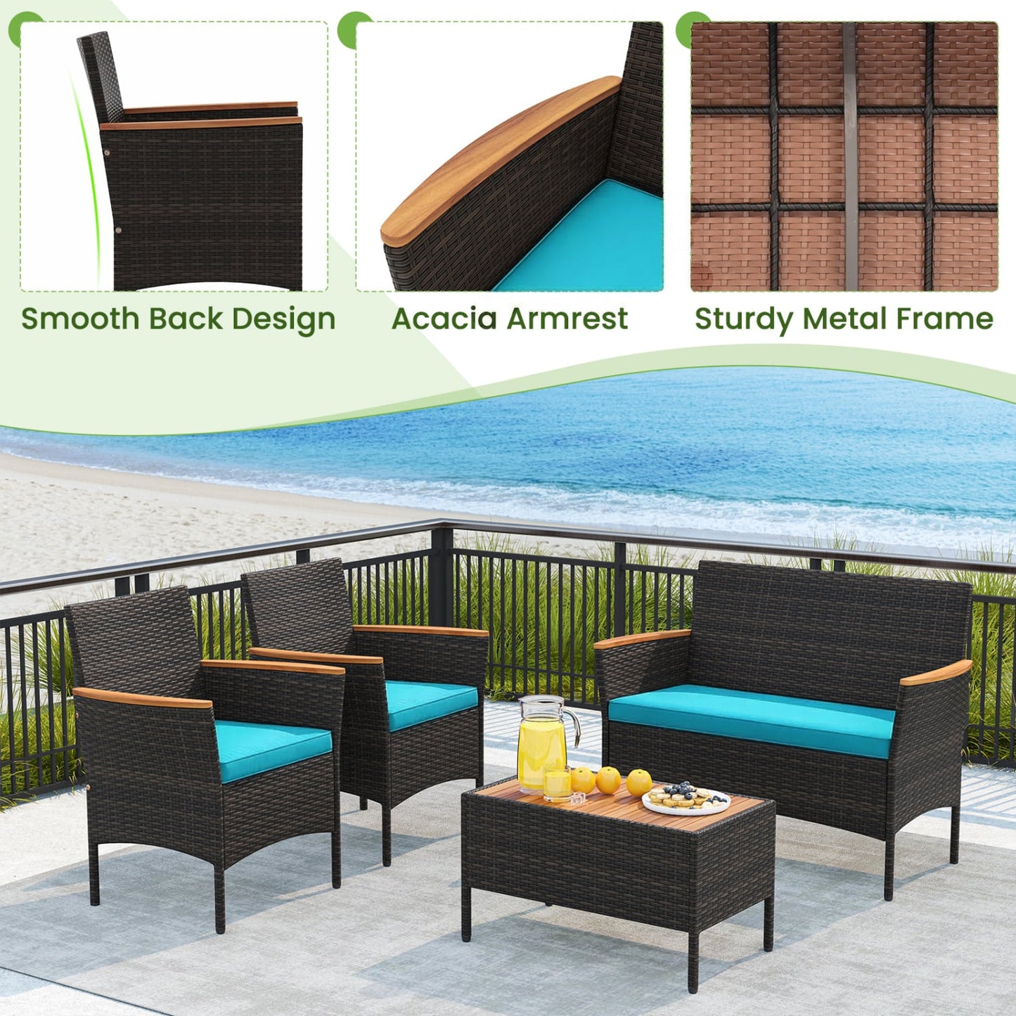 4-Piece Patio Wicker Sofa Set, Rattan Chairs, Loveseat, Table, Turquoise