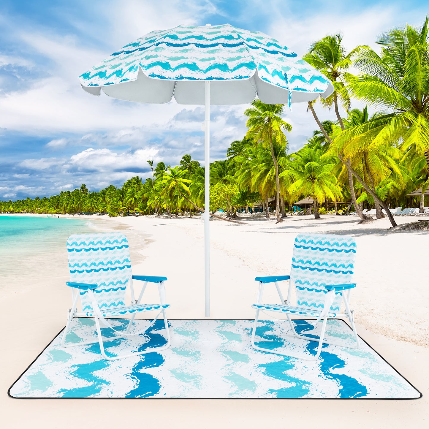 4 Pieces Beach Umbrella Set with 2 Foldable Chairs and Picnic Blanket, Blue Outdoor Umbrellas at Gallery Canada