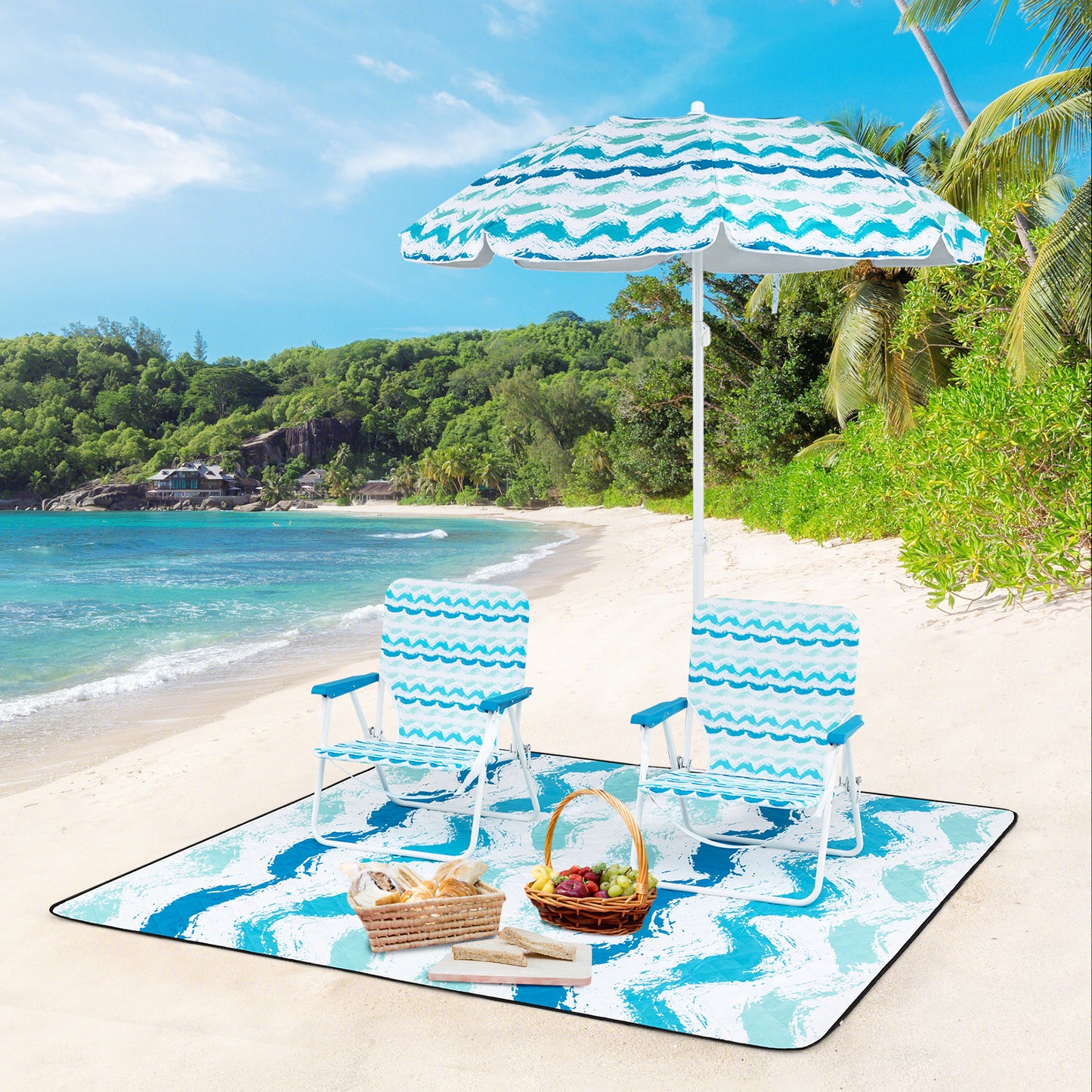 4 Pieces Beach Umbrella Set with 2 Foldable Chairs and Picnic Blanket, Blue Outdoor Umbrellas at Gallery Canada