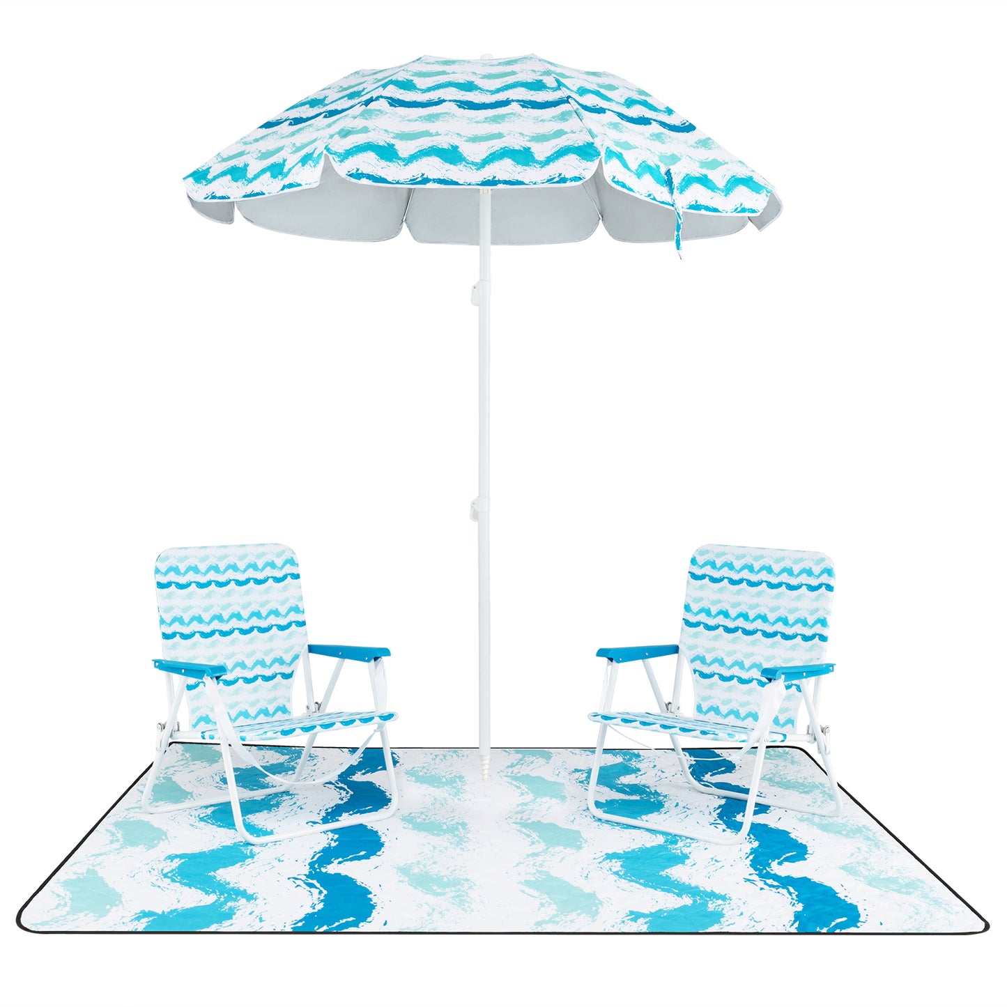 4 Pieces Beach Umbrella Set with 2 Foldable Chairs and Picnic Blanket, Blue Outdoor Umbrellas Blue at Gallery Canada