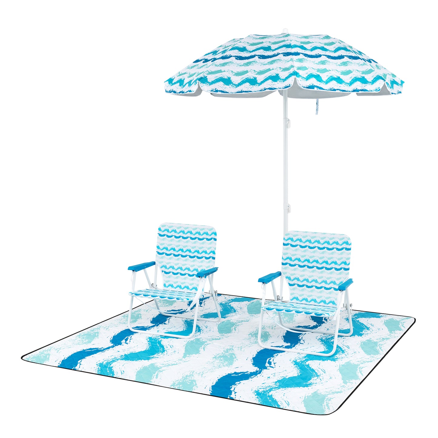 4 Pieces Beach Umbrella Set with 2 Foldable Chairs and Picnic Blanket, Blue Outdoor Umbrellas at Gallery Canada