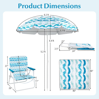 4 Pieces Beach Umbrella Set with 2 Foldable Chairs and Picnic Blanket, Blue Outdoor Umbrellas at Gallery Canada