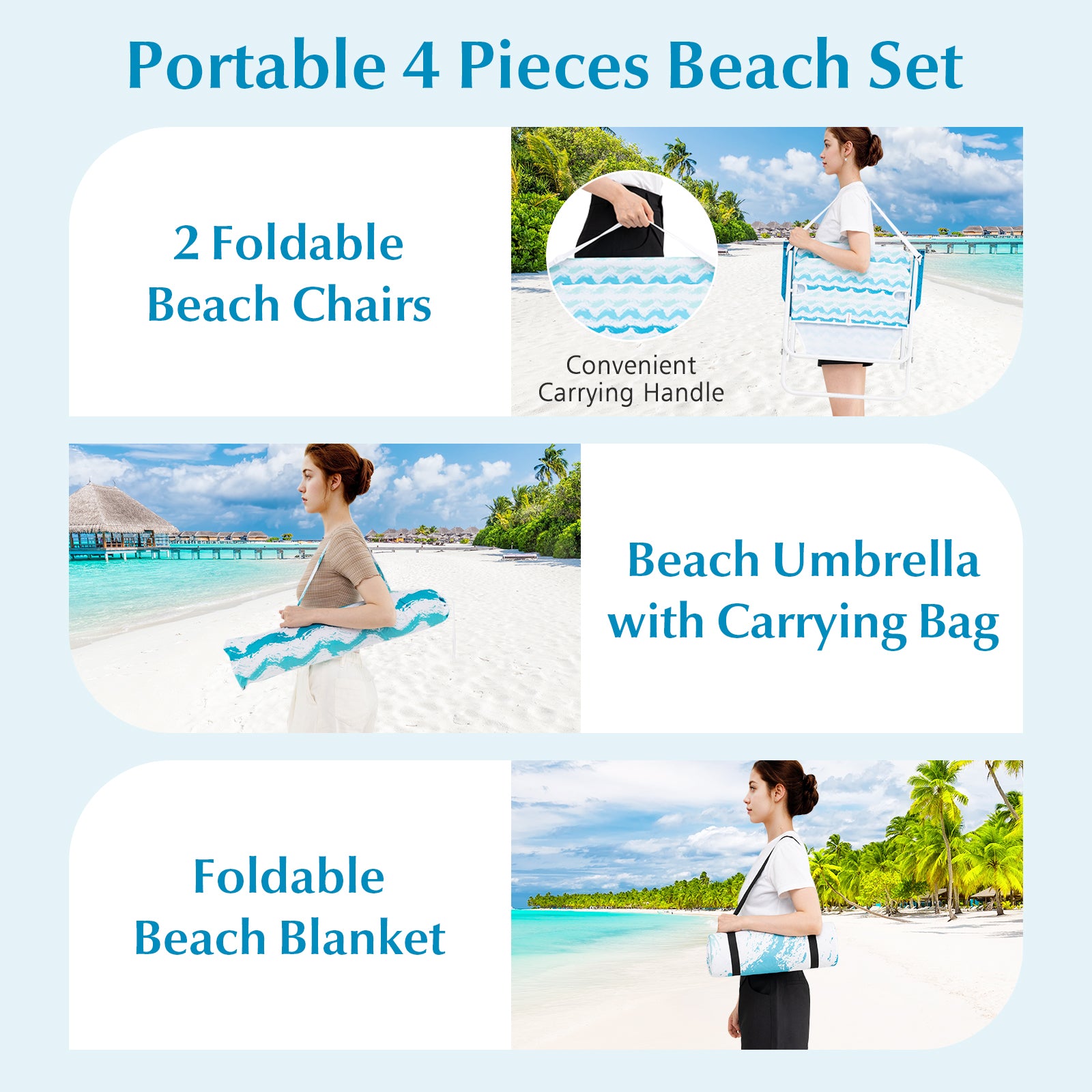 4 Pieces Beach Umbrella Set with 2 Foldable Chairs and Picnic Blanket, Blue Outdoor Umbrellas at Gallery Canada
