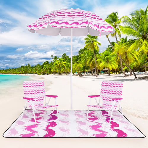 4 Pieces Beach Umbrella Set with 2 Foldable Chairs and Picnic Blanket, Pink