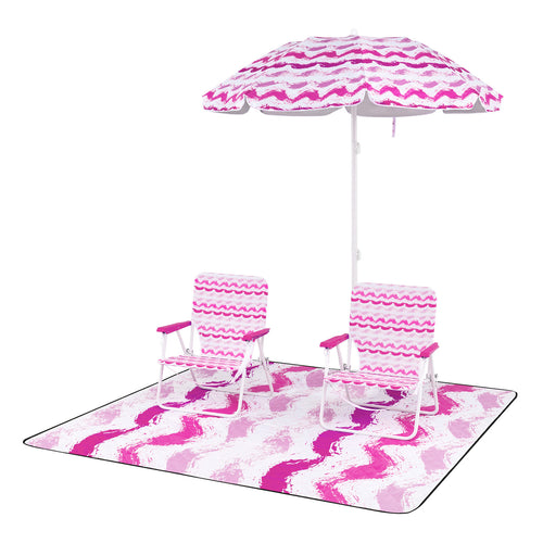 4 Pieces Beach Umbrella Set with 2 Foldable Chairs and Picnic Blanket, Pink