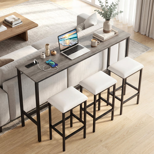 4-Piece Counter Height Bar Table With Power Outlet, 3 Padded Stools, Gray