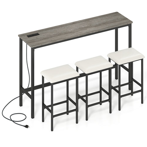 4-Piece Counter Height Bar Table With Power Outlet, 3 Padded Stools, Gray