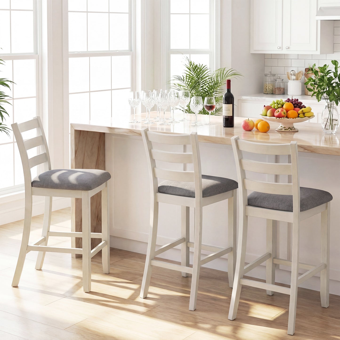 4 Counter Height Chairs, Fabric Seat, Rubber Wood Legs, Beige Bar Stools at Gallery Canada