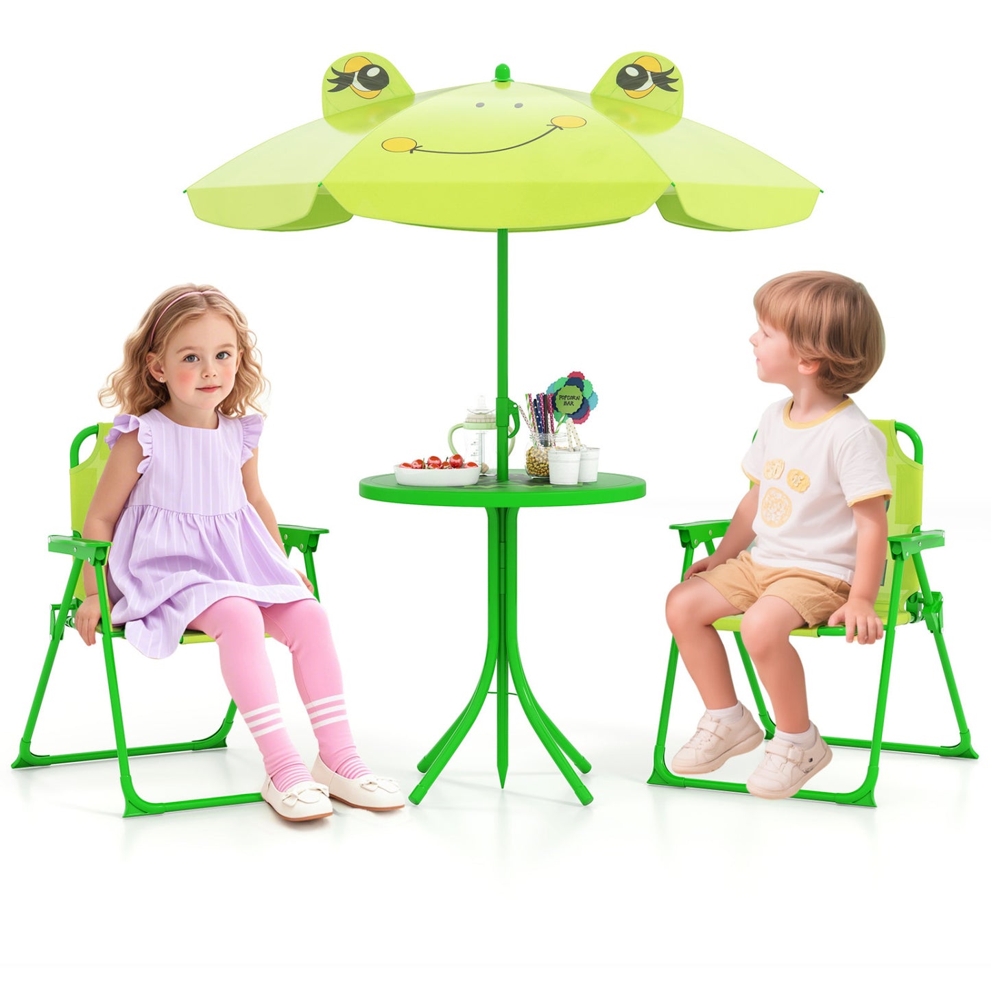 Kids Picnic Set, 2 Folding Chairs, Adjustable Umbrella, Light Green