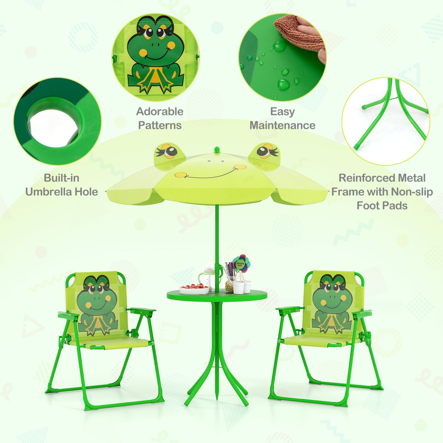 Kids Picnic Set, 2 Folding Chairs, Adjustable Umbrella, Light Green