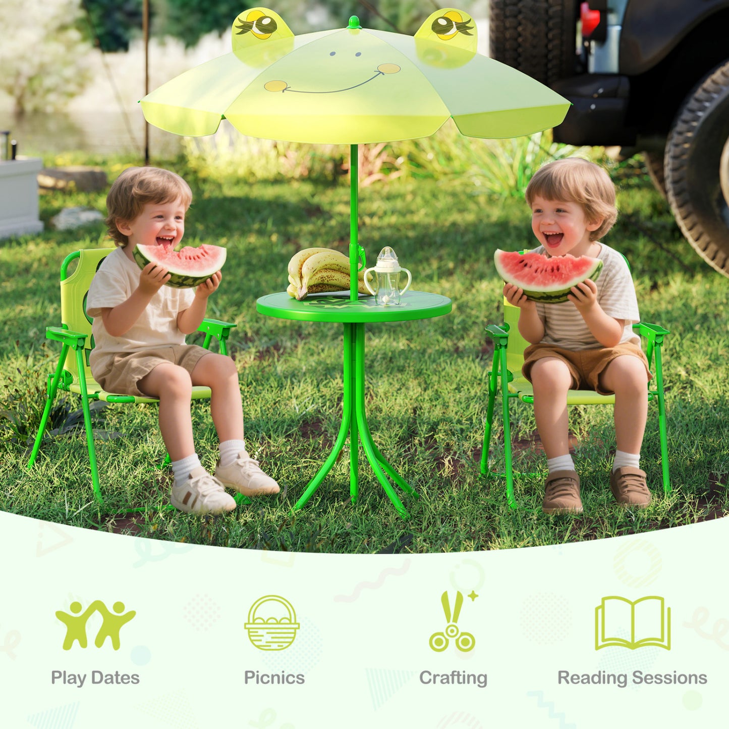 Kids Picnic Set, 2 Folding Chairs, Adjustable Umbrella, Light Green