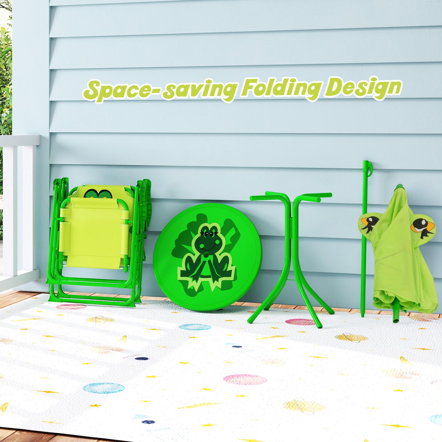 Kids Picnic Set, 2 Folding Chairs, Adjustable Umbrella, Light Green