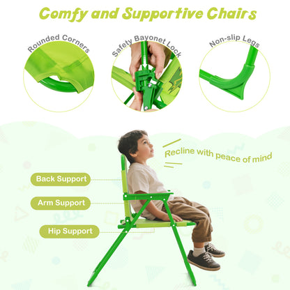 Kids Picnic Set, 2 Folding Chairs, Adjustable Umbrella, Light Green