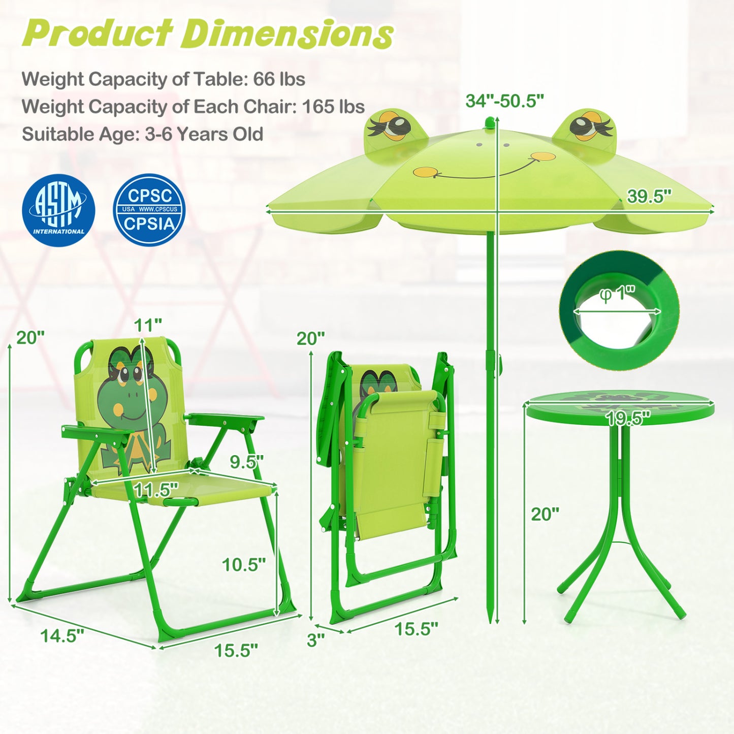 Kids Picnic Set, 2 Folding Chairs, Adjustable Umbrella, Light Green