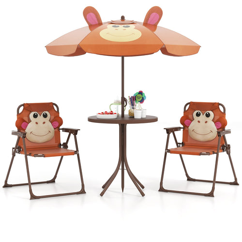 Kids Picnic Set, 4 Pieces, 2 Folding Chairs, Adjustable Umbrella, Brown