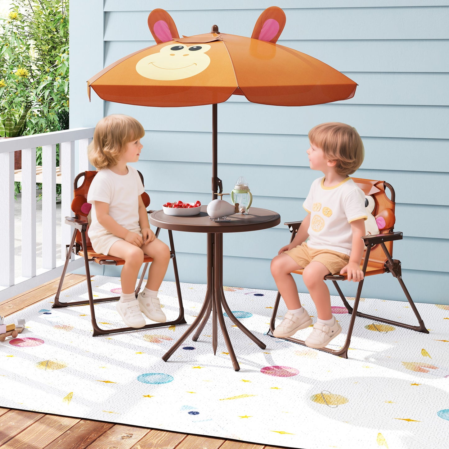Kids Picnic Set, 4 Pieces, 2 Folding Chairs, Adjustable Umbrella, Brown