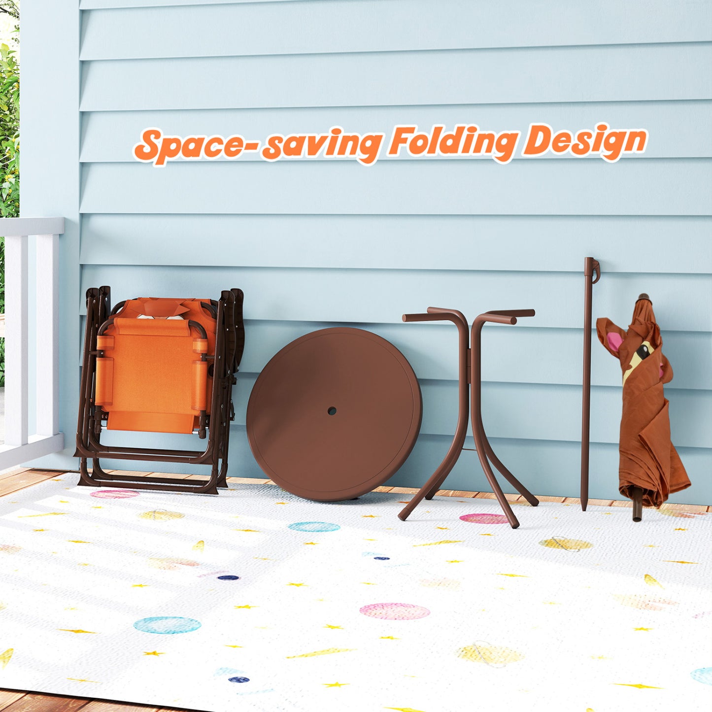 Kids Picnic Set, 4 Pieces, 2 Folding Chairs, Adjustable Umbrella, Brown