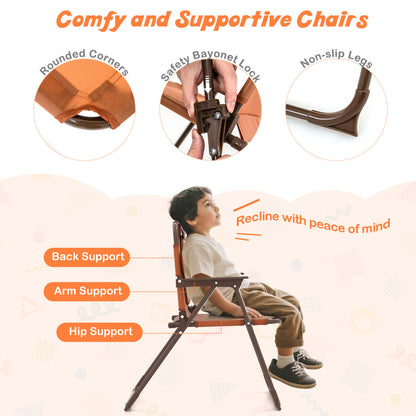 Kids Picnic Set, 4 Pieces, 2 Folding Chairs, Adjustable Umbrella, Brown