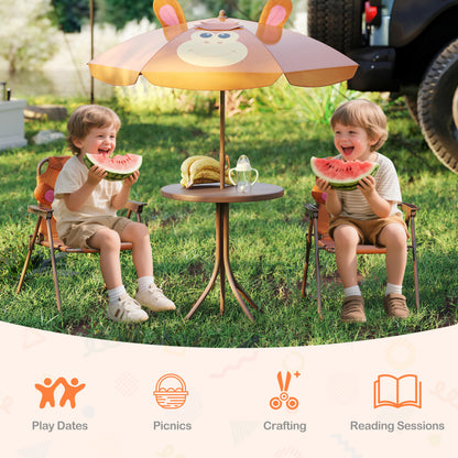 Kids Picnic Set, 4 Pieces, 2 Folding Chairs, Adjustable Umbrella, Brown