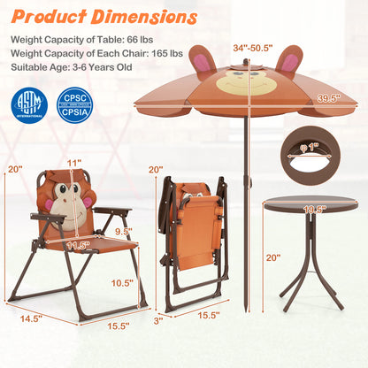 Kids Picnic Set, 4 Pieces, 2 Folding Chairs, Adjustable Umbrella, Brown