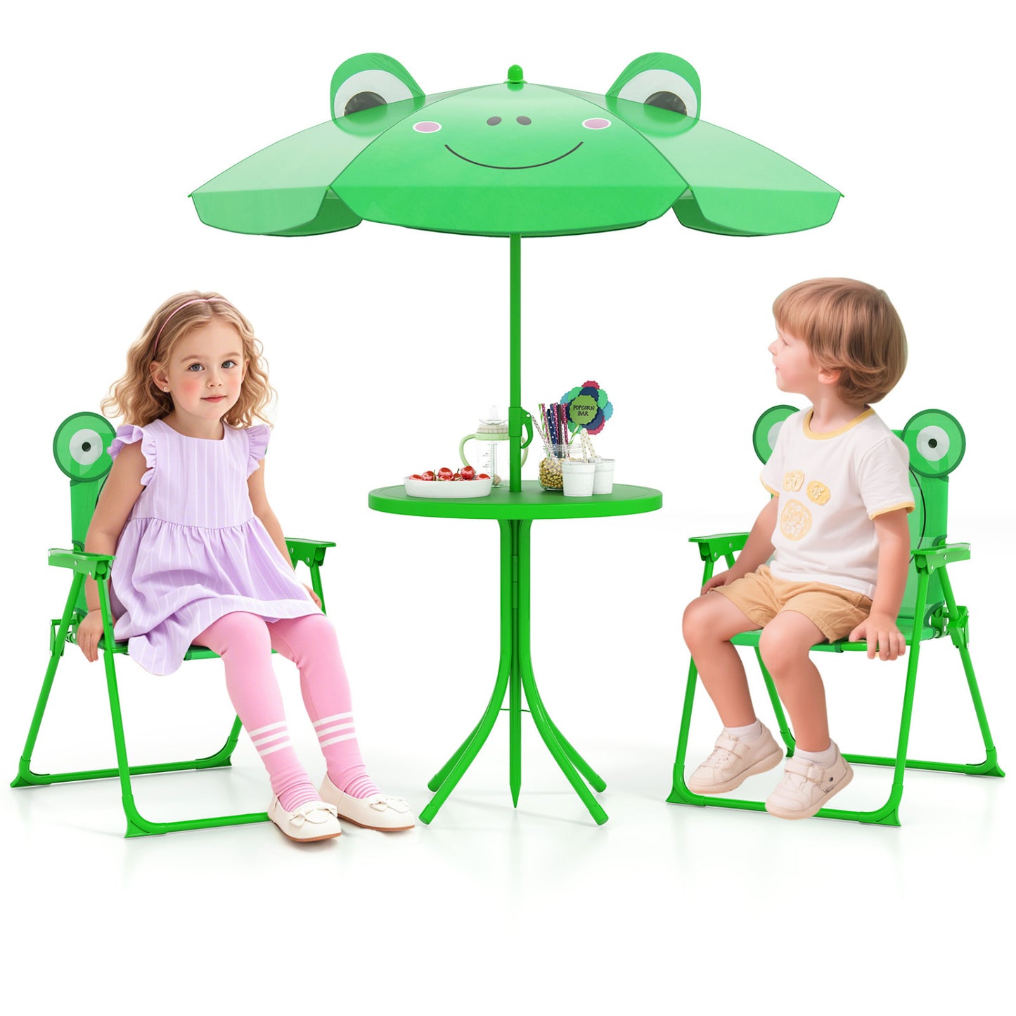 4 Piece Kids Picnic Set, 2 Folding Chairs, Adjustable Umbrella, Green
