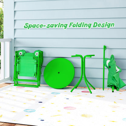 4 Piece Kids Picnic Set, 2 Folding Chairs, Adjustable Umbrella, Green