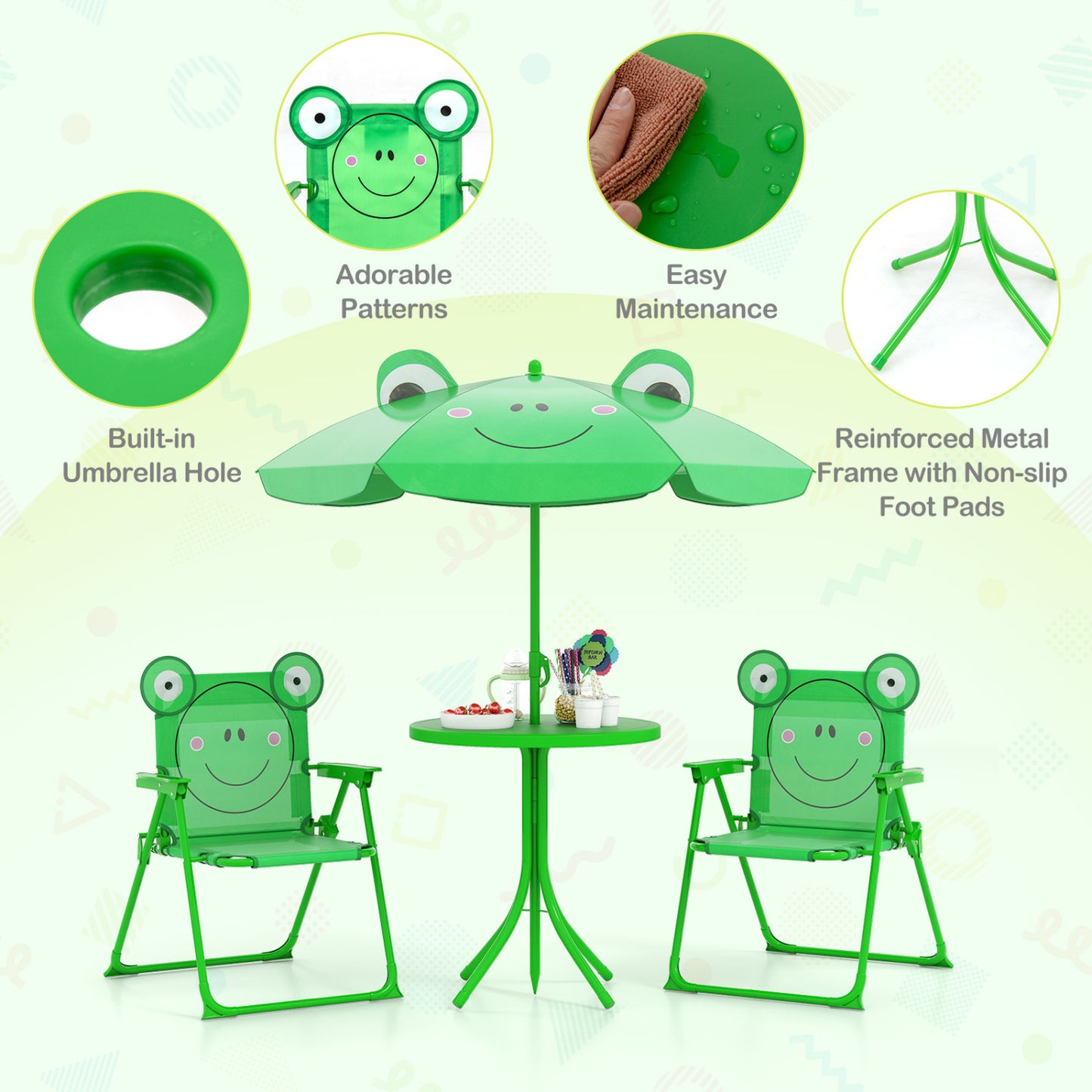 4 Piece Kids Picnic Set, 2 Folding Chairs, Adjustable Umbrella, Green