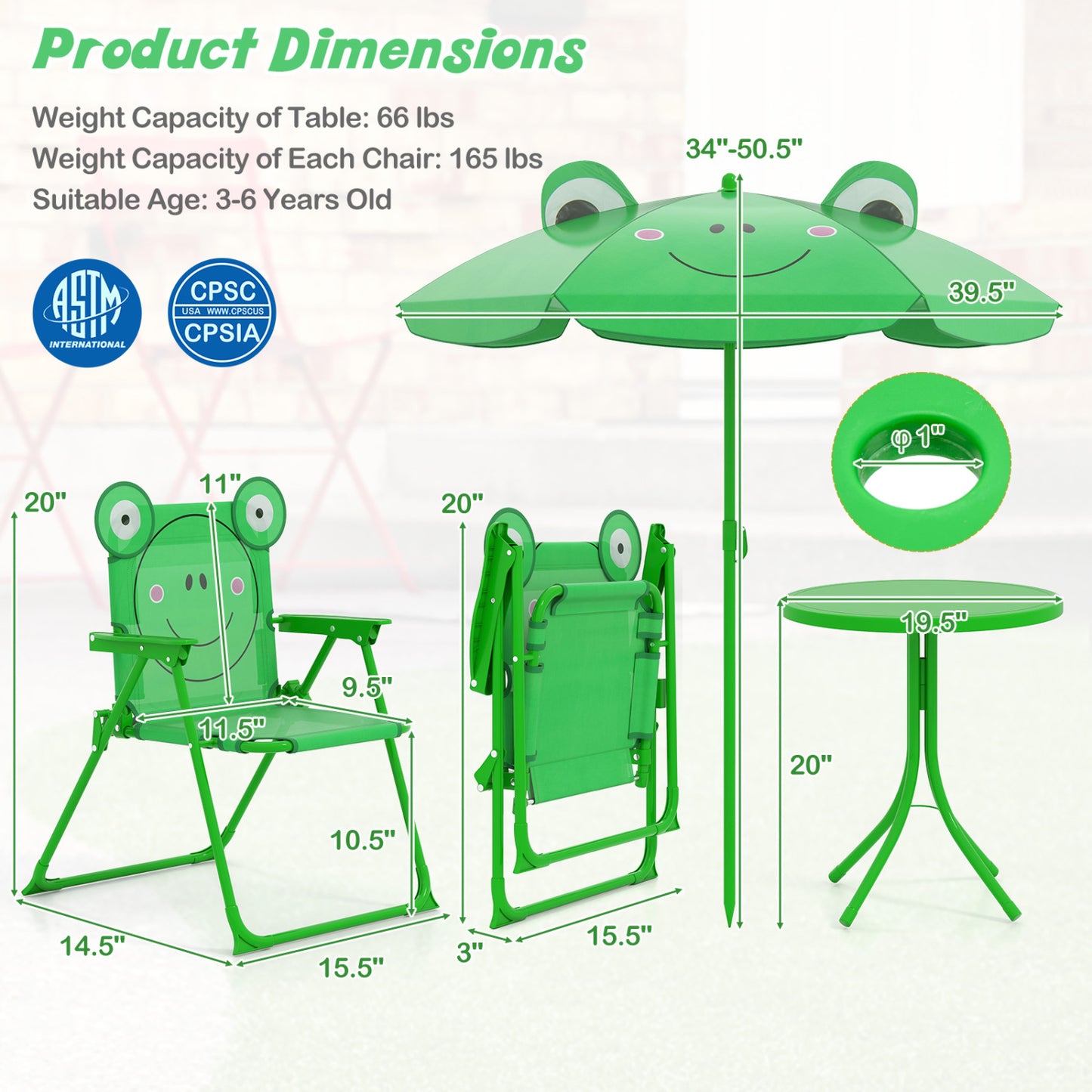 4 Piece Kids Picnic Set, 2 Folding Chairs, Adjustable Umbrella, Green