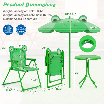 4 Piece Kids Picnic Set, 2 Folding Chairs, Adjustable Umbrella, Green
