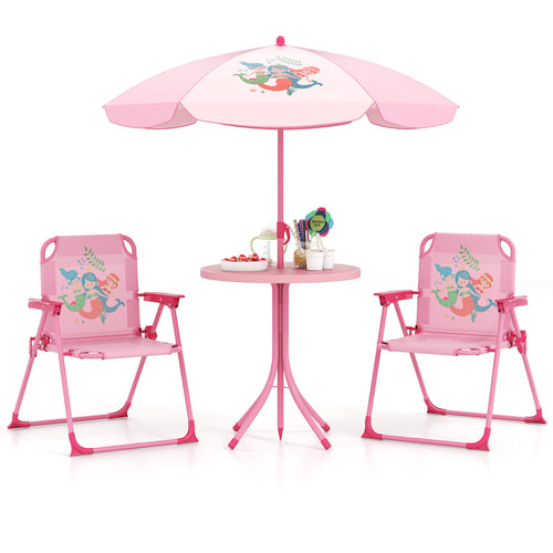Kids Picnic Set, 4 Pieces, 2 Folding Chairs, Adjustable Umbrella, Pink