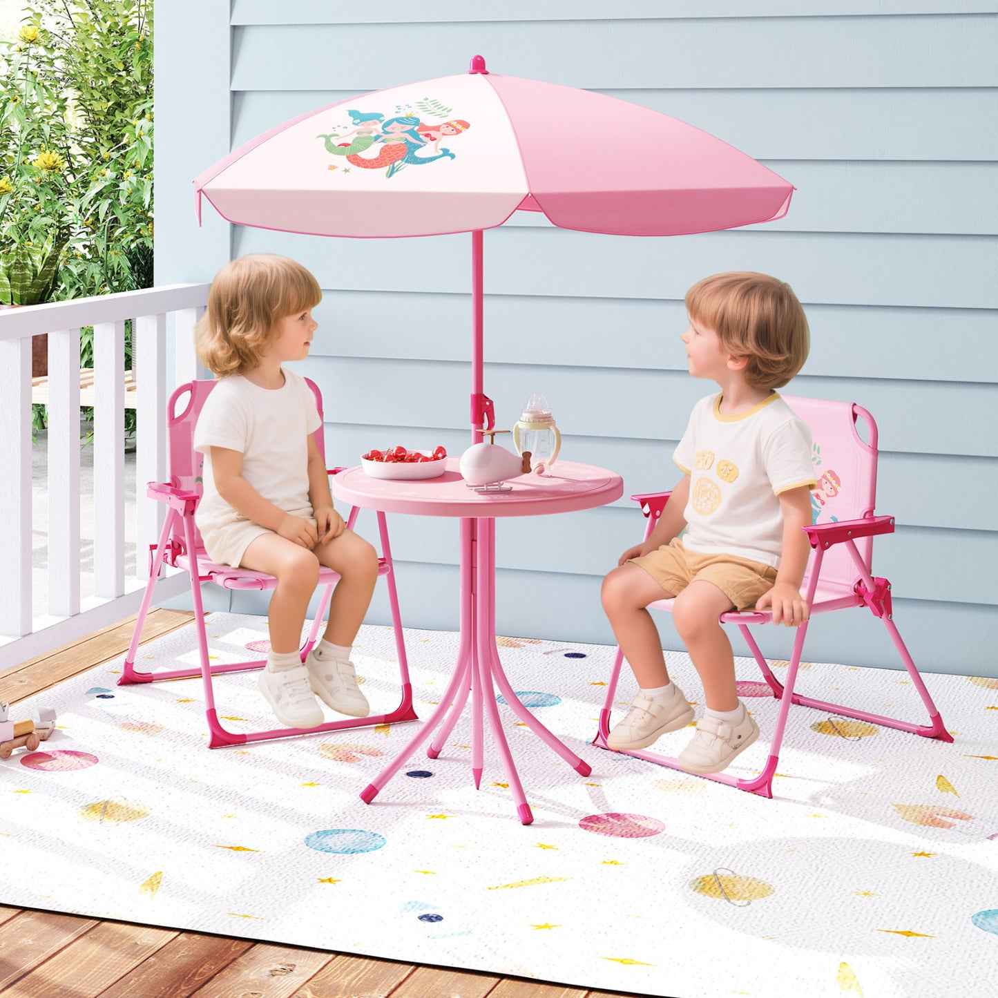 Kids Picnic Set, 4 Pieces, 2 Folding Chairs, Adjustable Umbrella, Pink