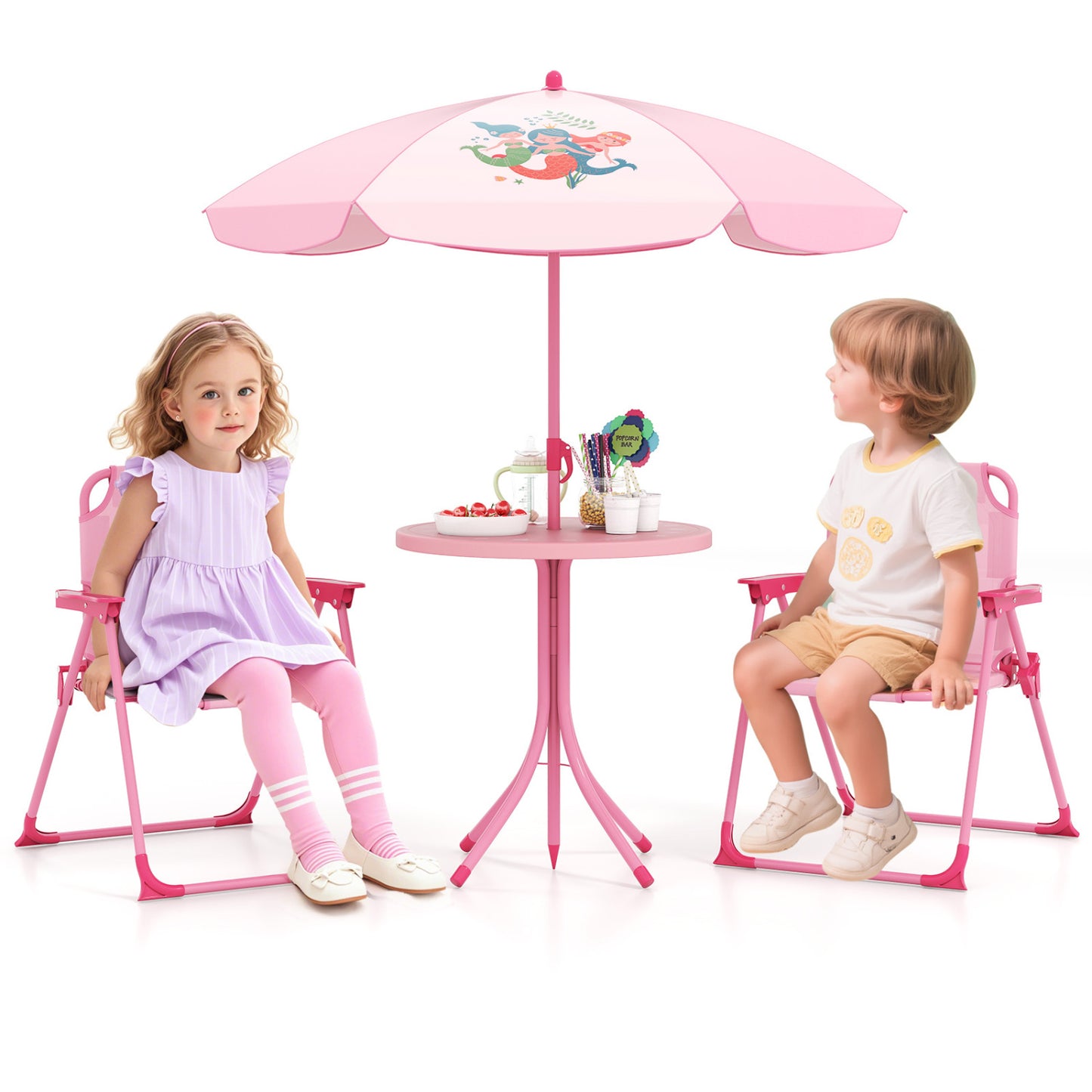 Kids Picnic Set, 4 Pieces, 2 Folding Chairs, Adjustable Umbrella, Pink